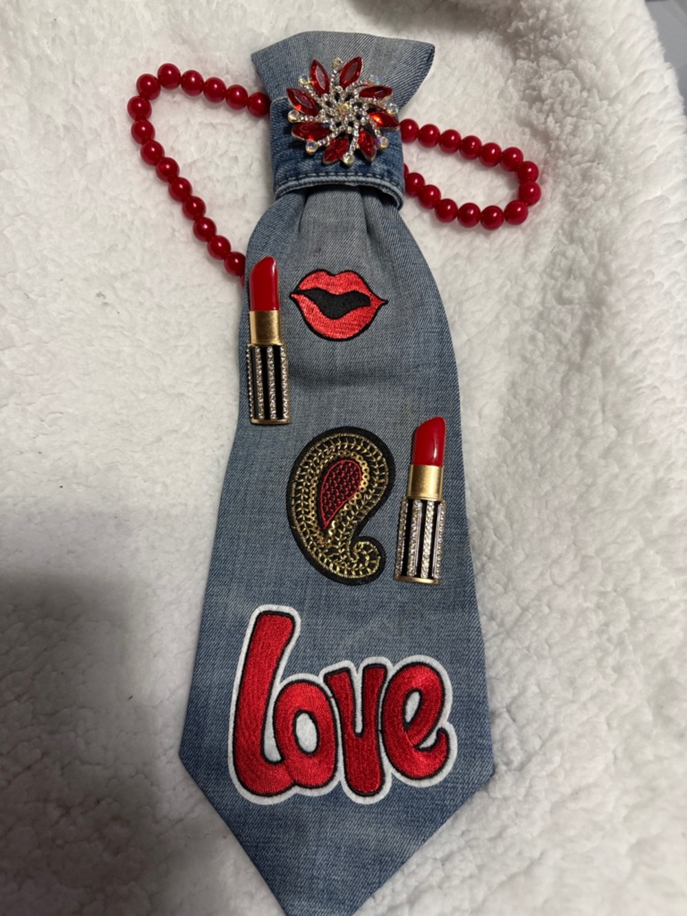 Denim Patchwork Necktie Necklace with Red Embellishments